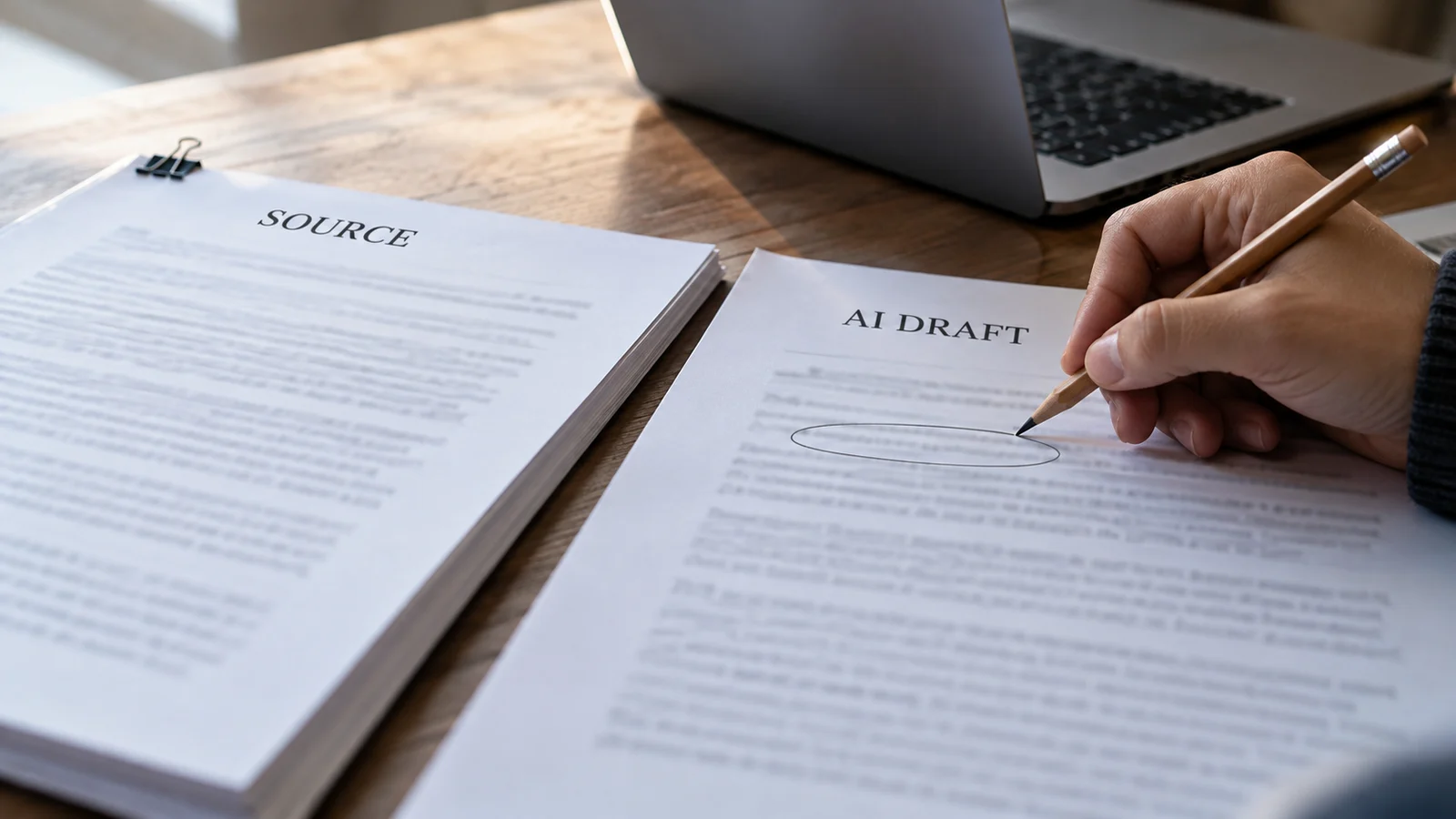 AI-generated illustration of a hand checking a document labelled AI DRAFT against a document labelled SOURCE.