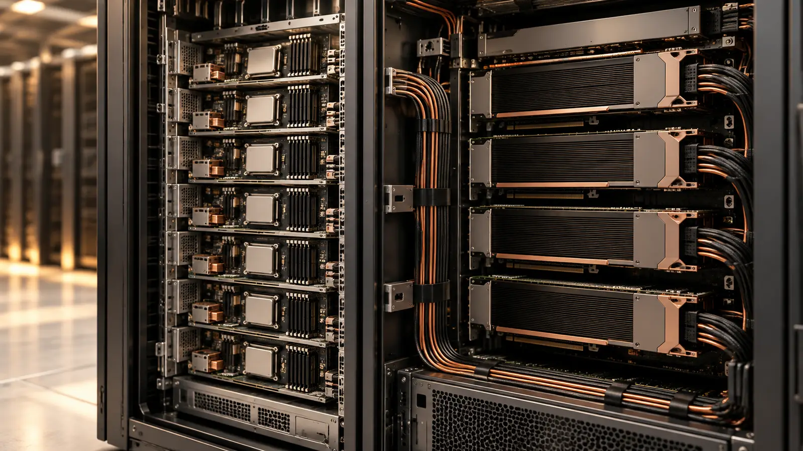 Conceptual cutaway of generic CPU execution boards beside GPU accelerator modules in a server rack.