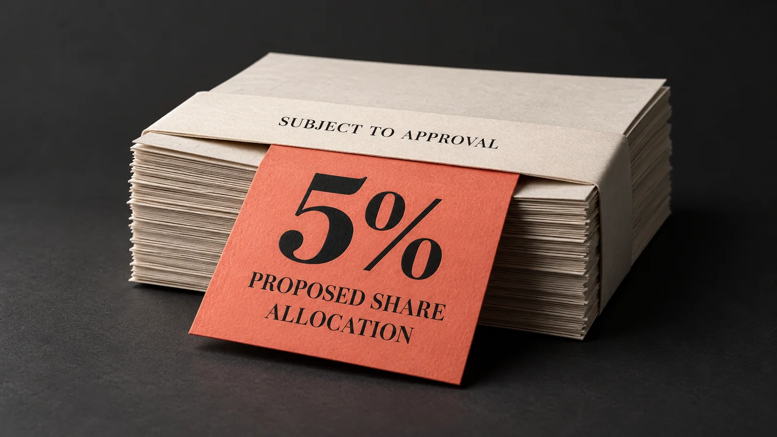 Conceptual paper stack with a coral tab reading 5%, proposed share allocation, and a band reading subject to approval.