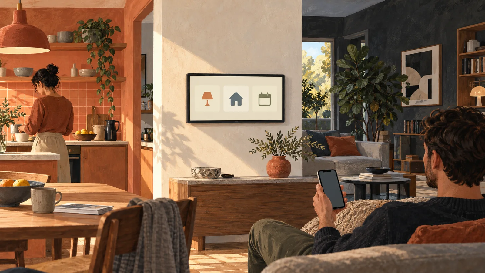 Original conceptual illustration of a shared home screen between a kitchen and living room, with a separate personal phone.