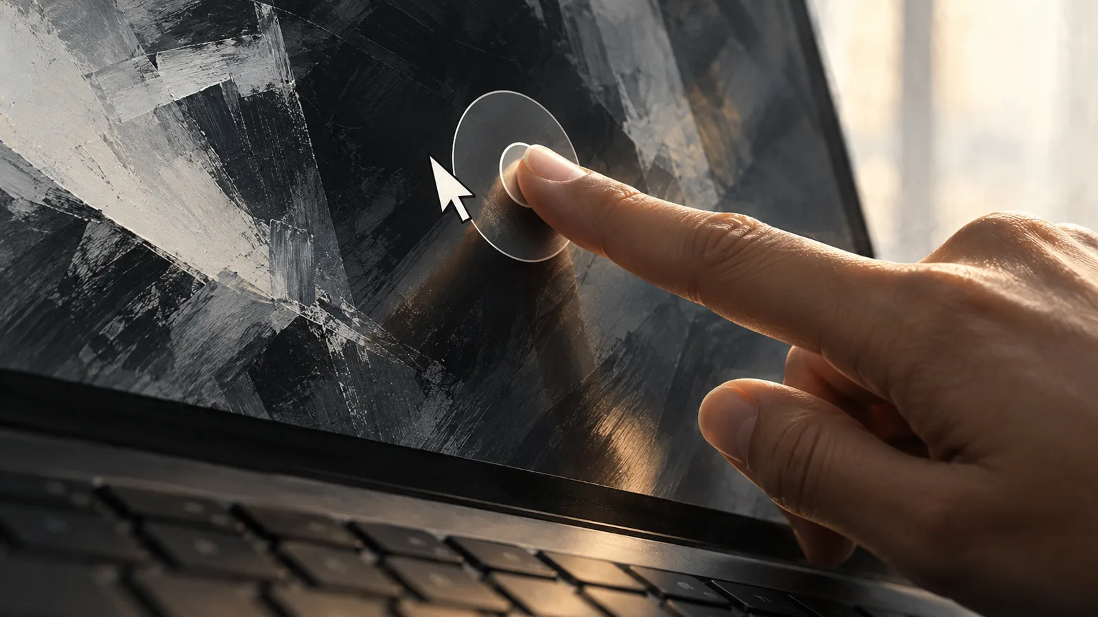 AI-generated conceptual illustration of a fingertip touching an abstract laptop screen beside a mouse pointer.