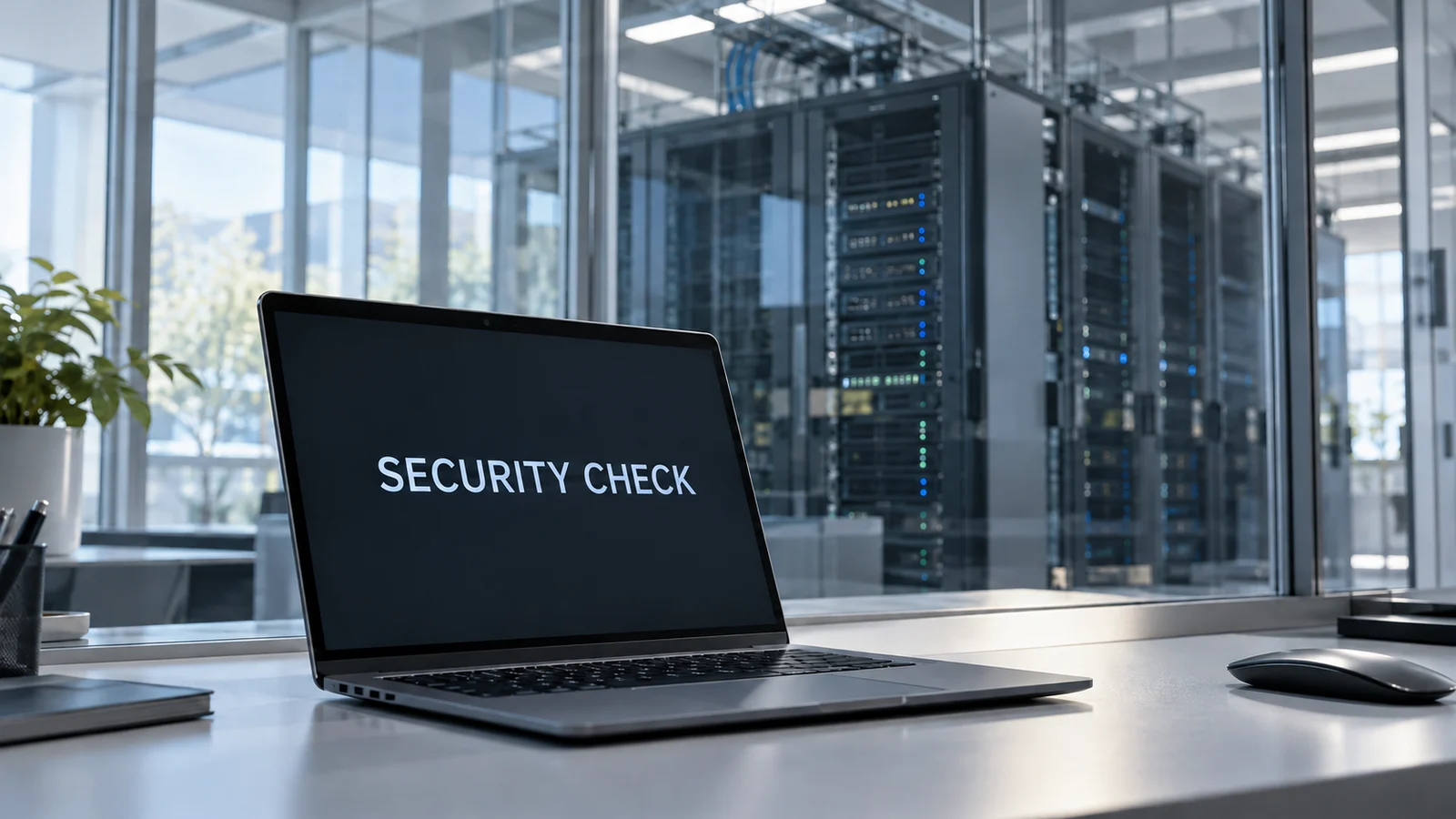 AI-generated illustration of a laptop displaying SECURITY CHECK with server cabinets behind glass.