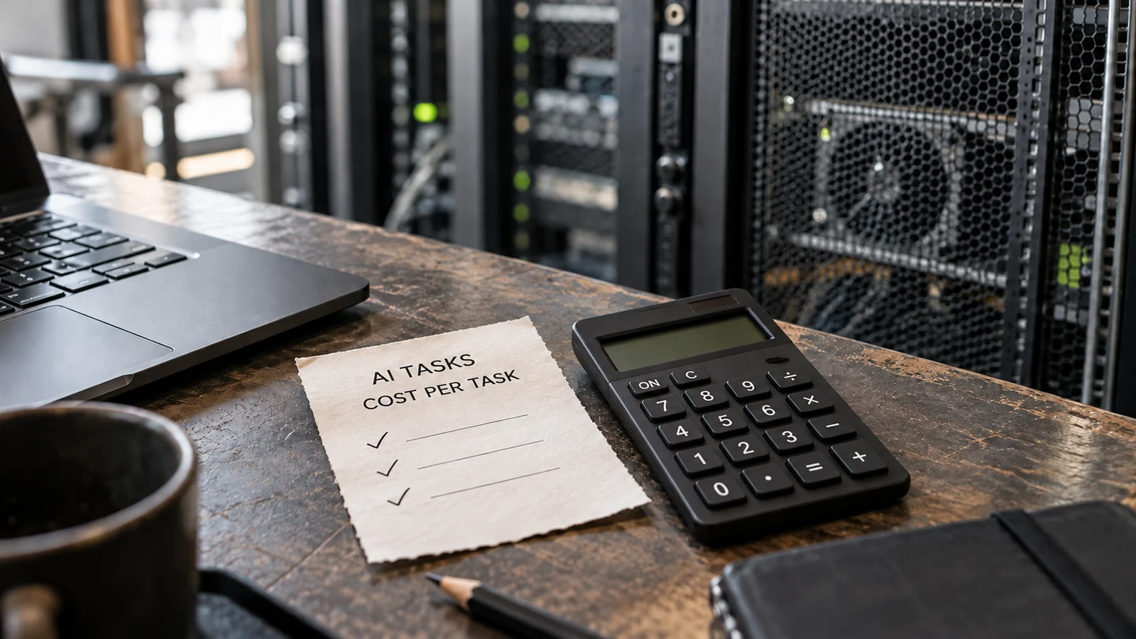 AI-generated illustration of a task-cost note and calculator beside a laptop and generic server racks.