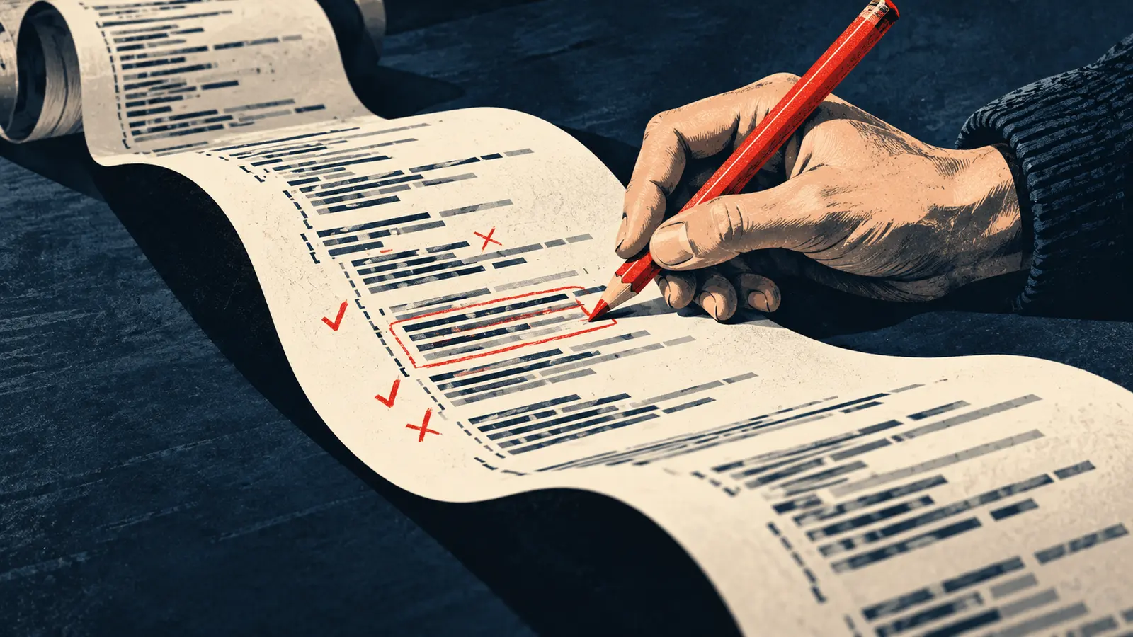 Conceptual editorial illustration of a hand reviewing a long machine-produced draft with a red pencil.
