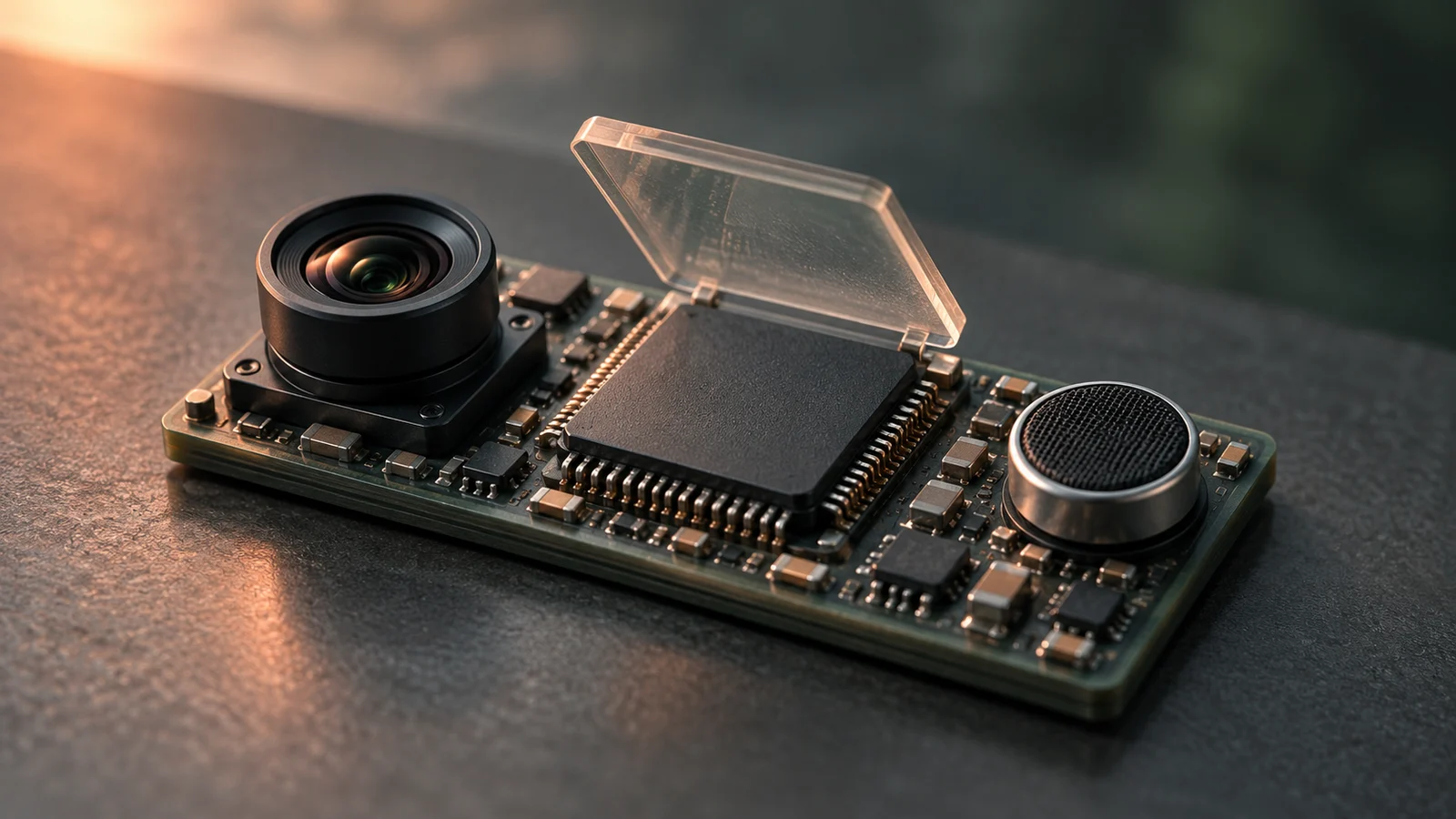 Conceptual unbranded processor beside a camera lens and microphone, illustrating sensor data processed on compact local hardware.