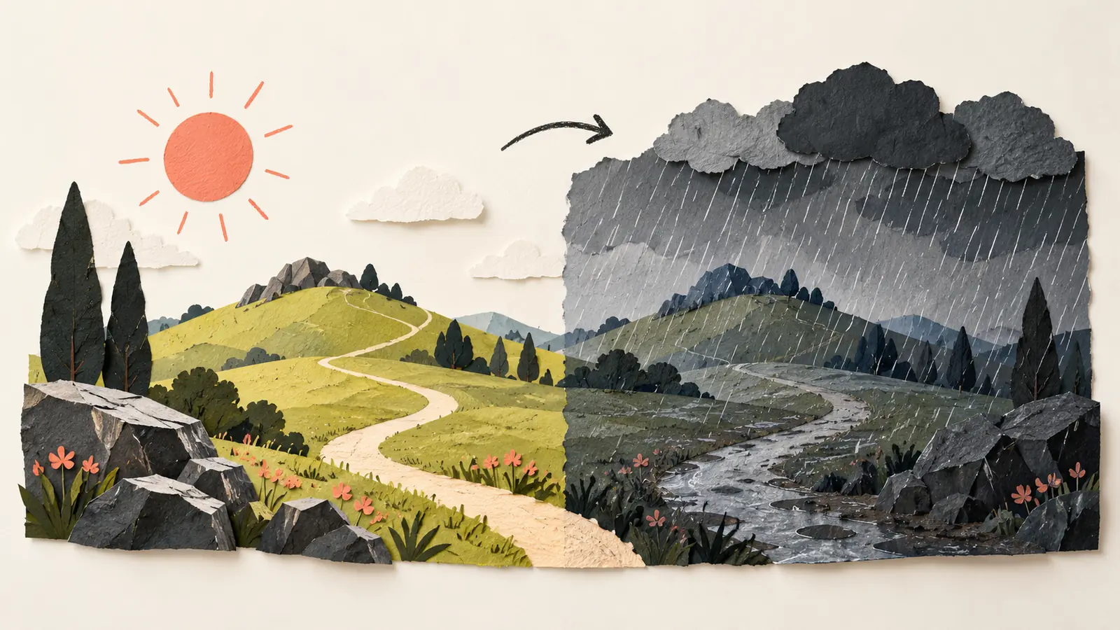 Conceptual illustration of one landscape changing from sunshine to rain, representing a world that can be altered.