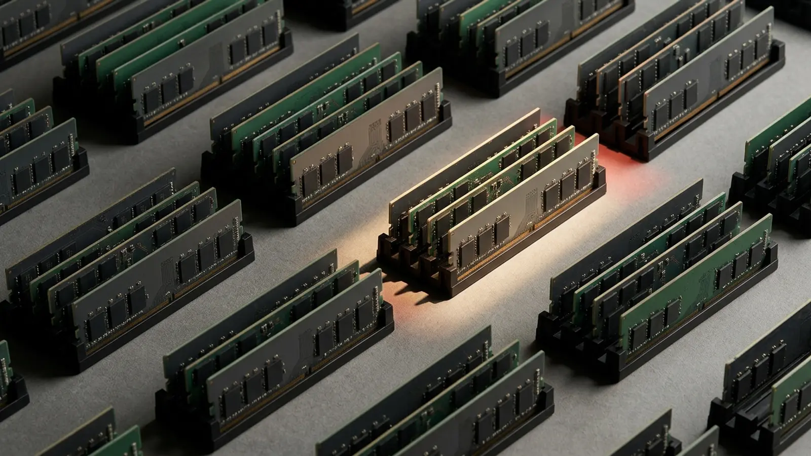Conceptual illustration of groups of computer memory modules, with one group highlighted by warm light among the larger collection.