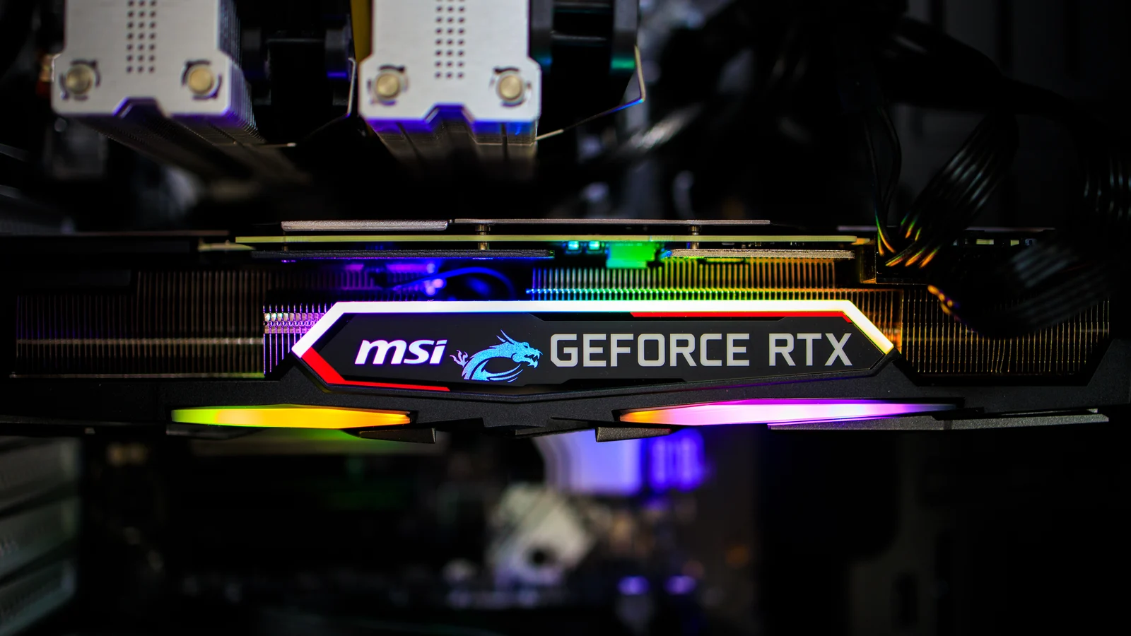 A genuine MSI GeForce RTX graphics card installed inside a desktop PC, photographed in 2019.